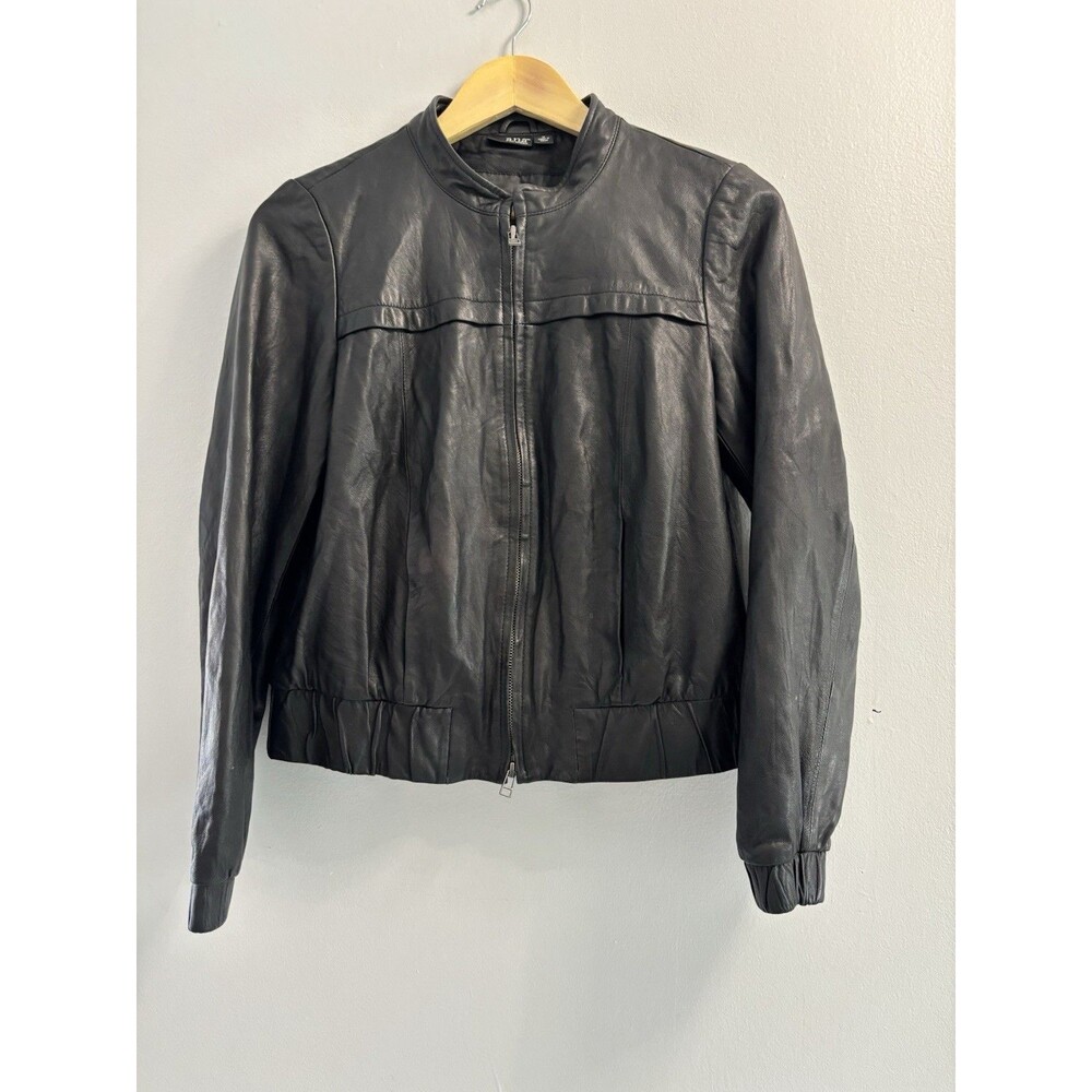 a.n.a Womens Black Genuine Leather Bomber Jacket Band Collar Medium Zip Y2K
